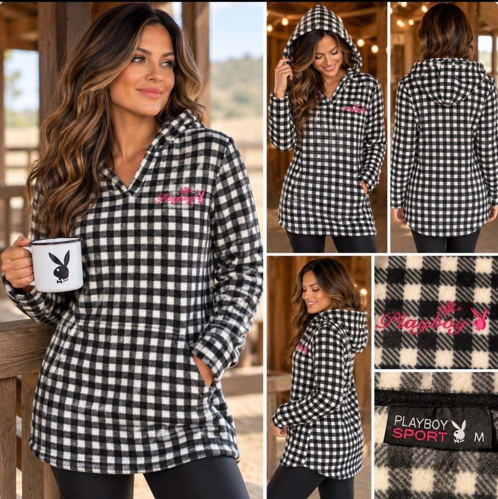 Playboy Sport Women’s M Hooded Pullover Black White Gingham Check Bunny Y2K